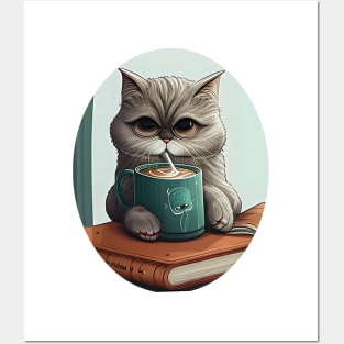 Funny Cat Drink Coffee And Reading Book Posters and Art